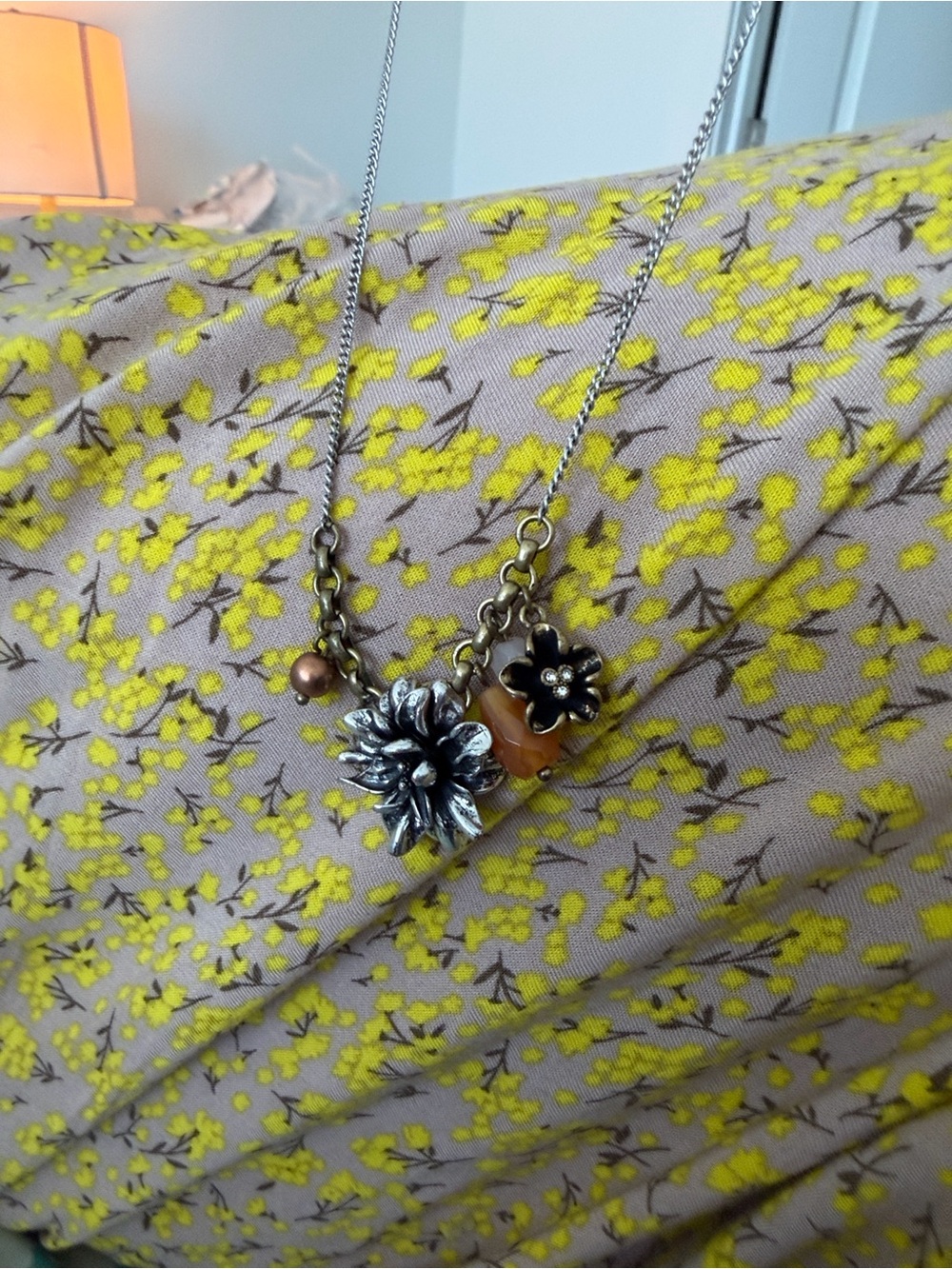 Fossil Floral Charm Necklace with Amber Accents